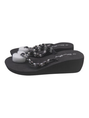 Star Bay Black Beaded Rhinestone Wedge Flip Flops Various Sizes